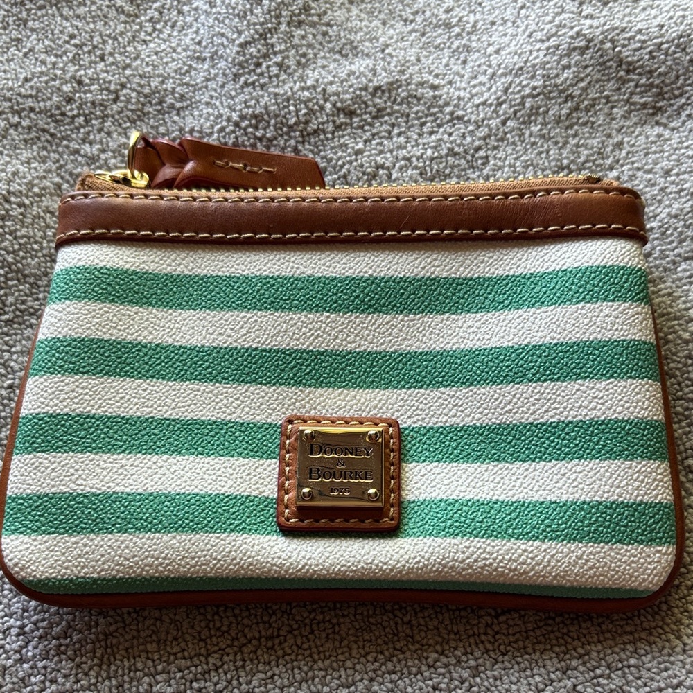 Dooney & Bourke Green and White Striped Wristlet with Brown Trim